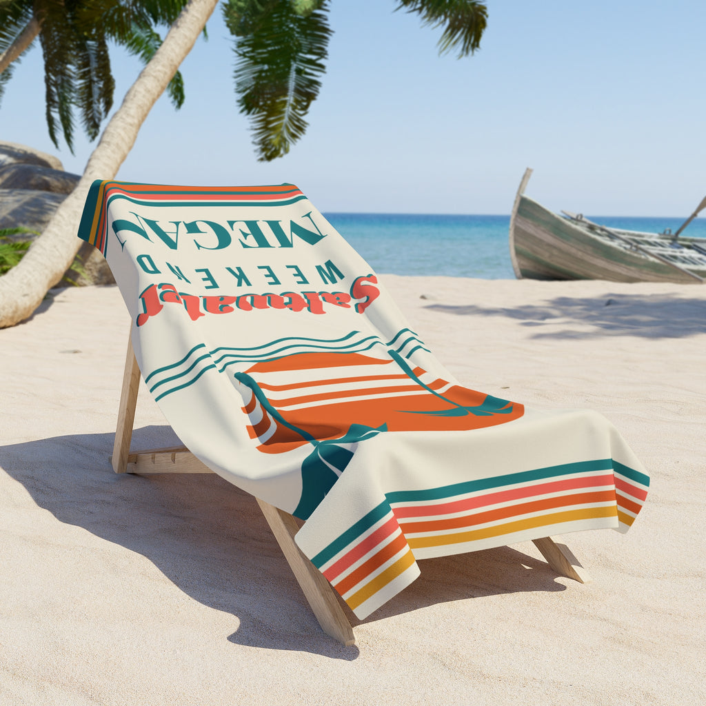 Personalized Retro Beach Towel with Name, Saltwater Weekend Girls' Trip Towel, Custom 70s Sunset Palm Pool Towel Gift