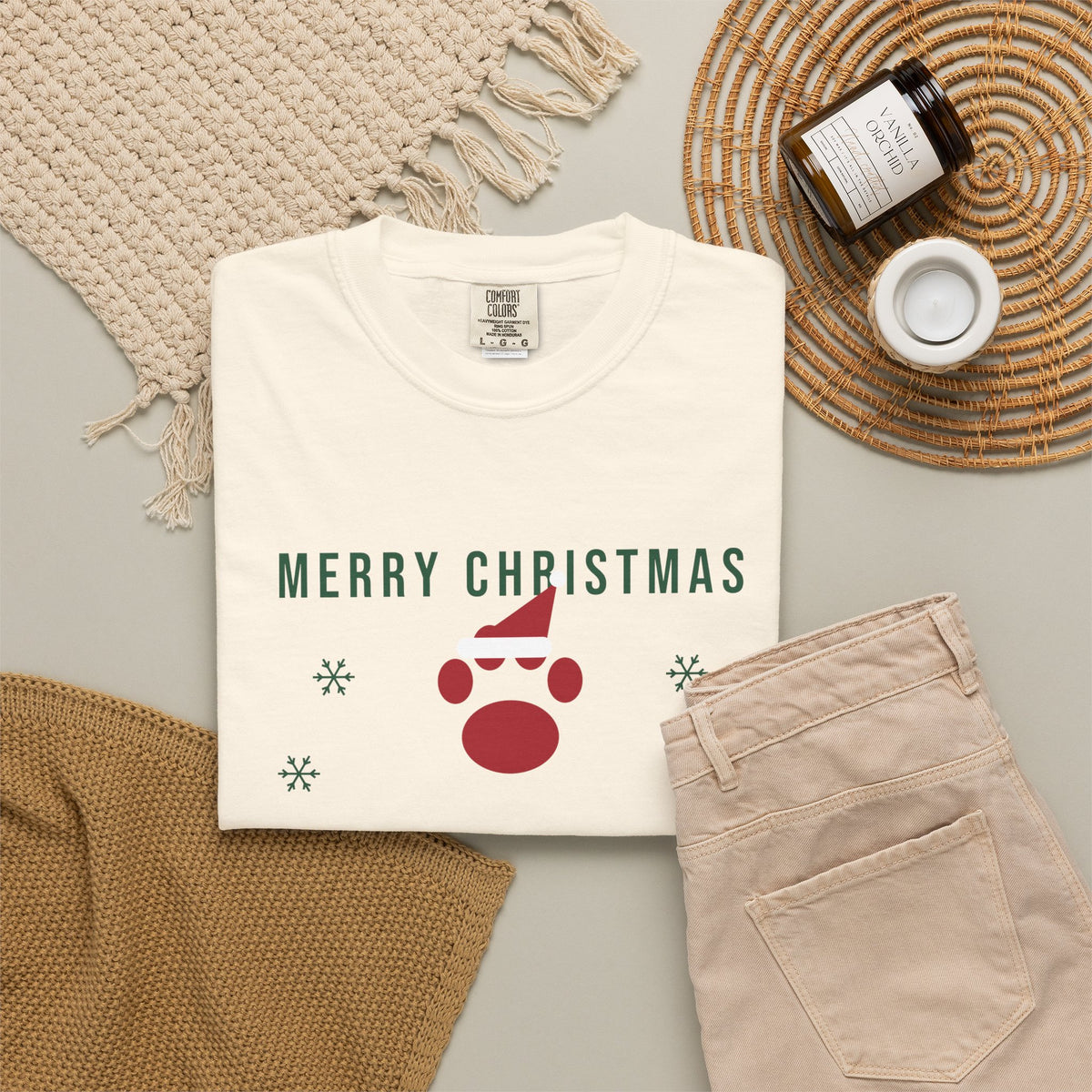 Christmas tee with a red paw in a Santa hat, MERRY CHRISTMAS, BAILEY'S in green and Mom in red script, view 10
