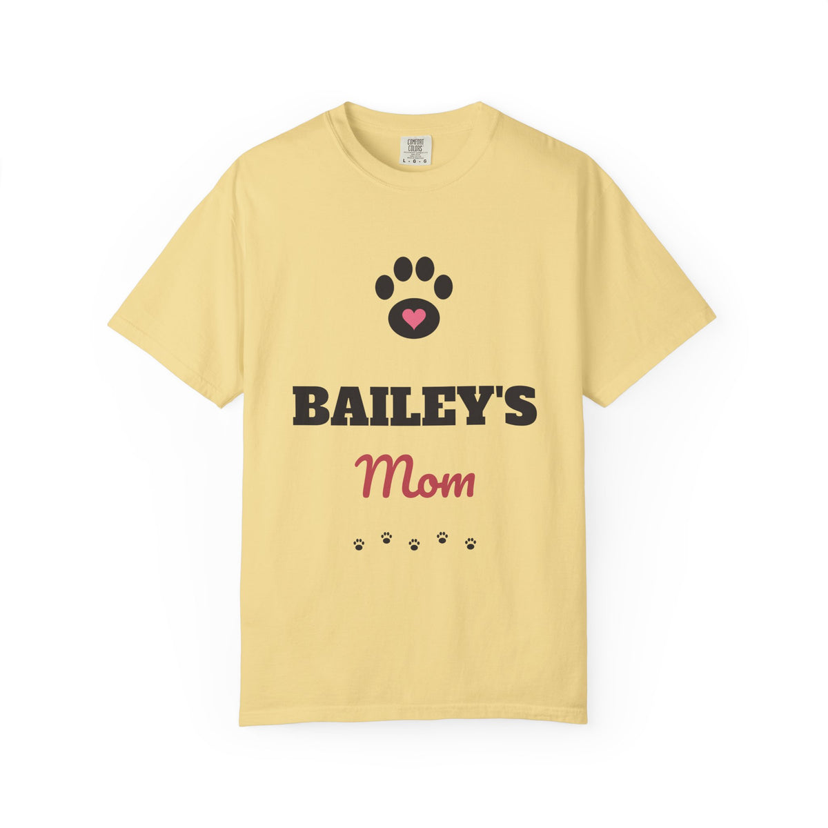 Garment-dyed tee with a black paw and pink heart, BAILEY'S in bold letters and Mom in rose script, view 2