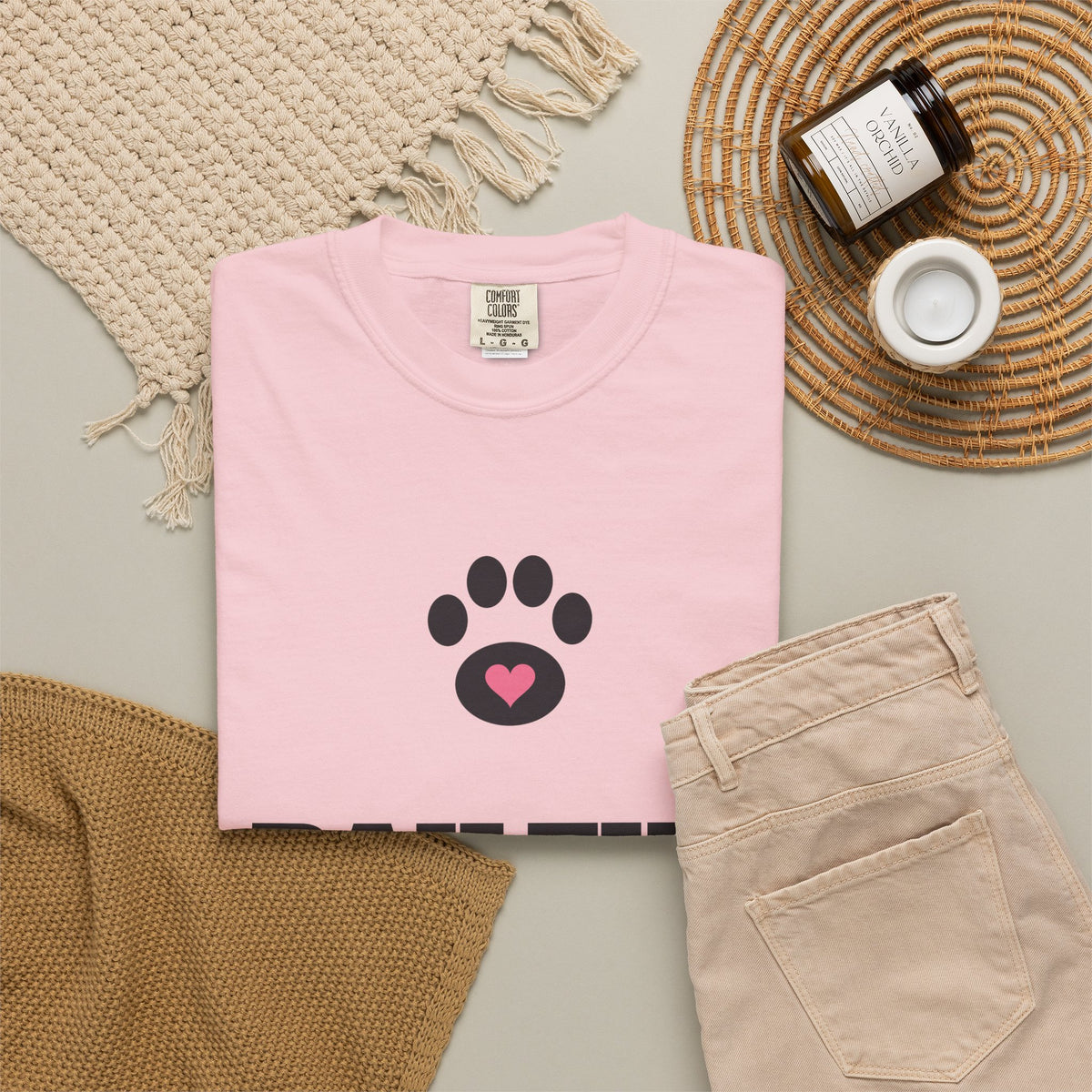 Garment-dyed tee with a black paw and pink heart, BAILEY'S in bold letters and Mom in rose script, view 20