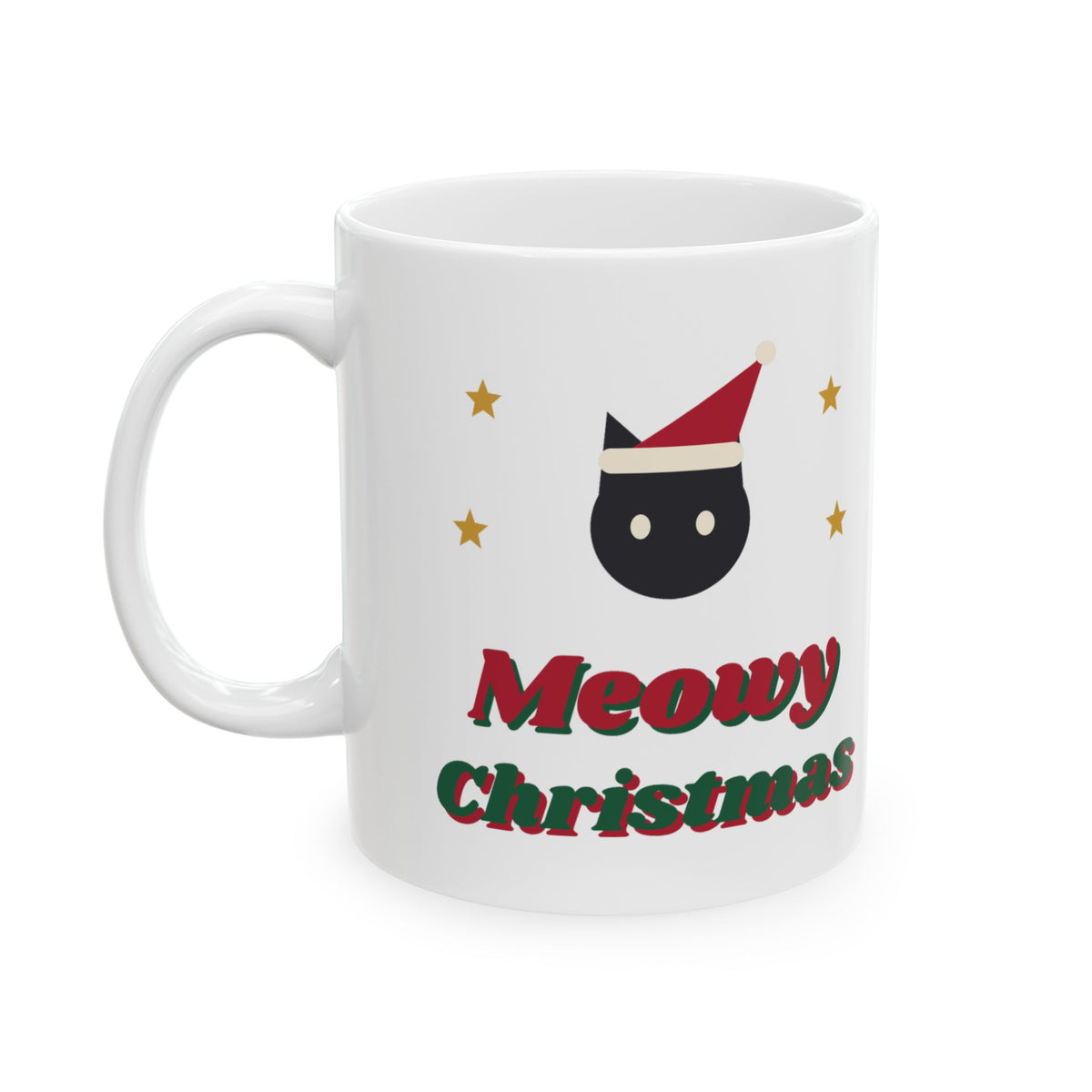 Meowy Christmas Cat Mug, Black Cat Santa Hat Holiday Mug, Cat Mom Xmas Gift, Funny Cat Christmas Mug