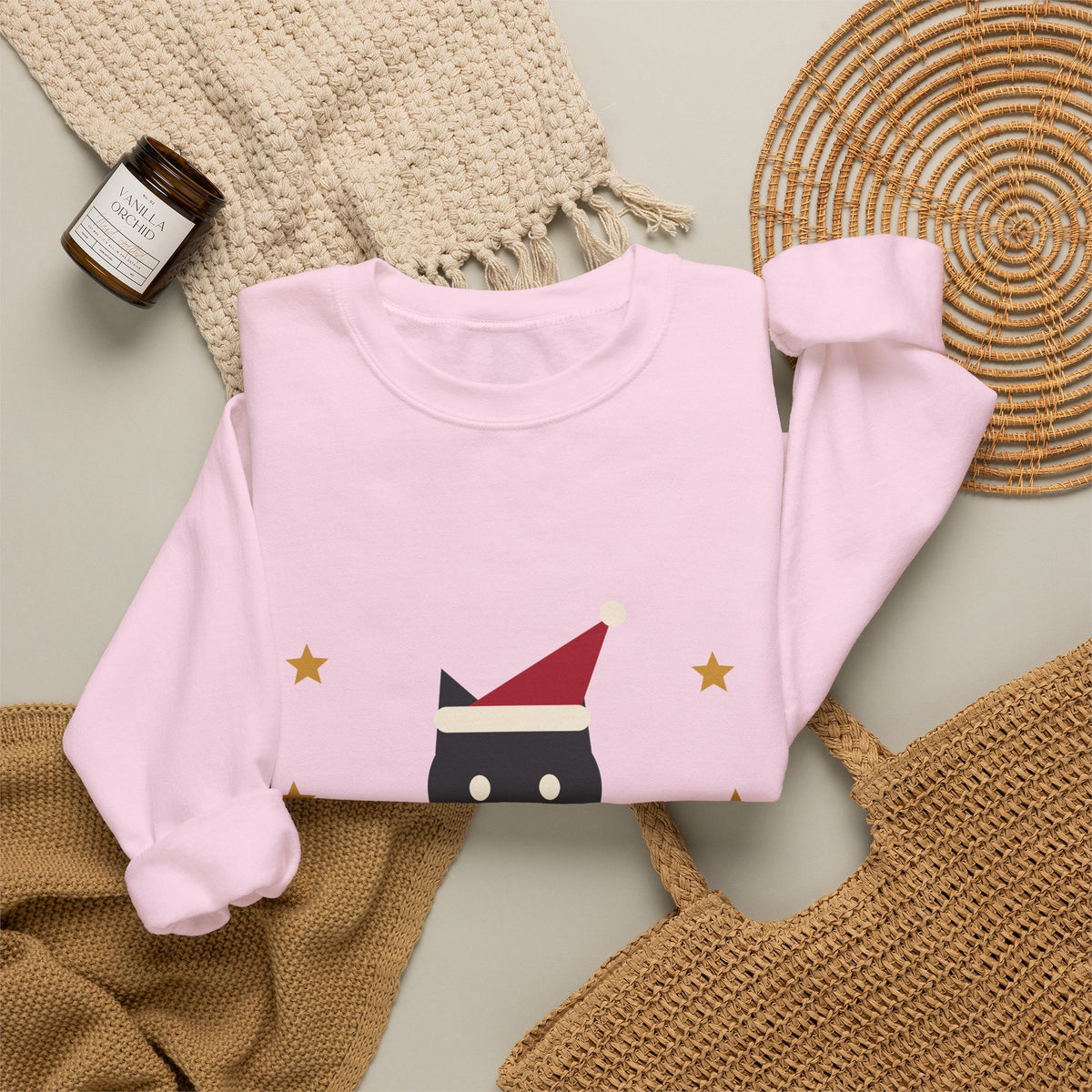 Meowy Christmas black cat santa hat sweatshirt design by Blackstar Creative, view 12