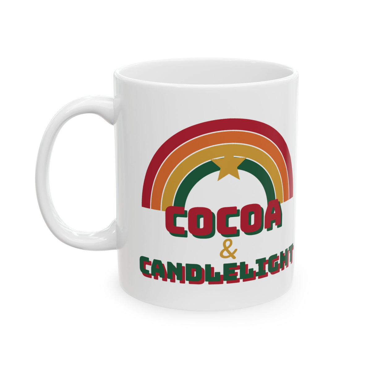 Cocoa and Candlelight retro 70s rainbow christmas mug design by Blackstar Creative, view 4