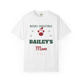 Christmas tee with a red paw in a Santa hat, MERRY CHRISTMAS, BAILEY'S in green and Mom in red script