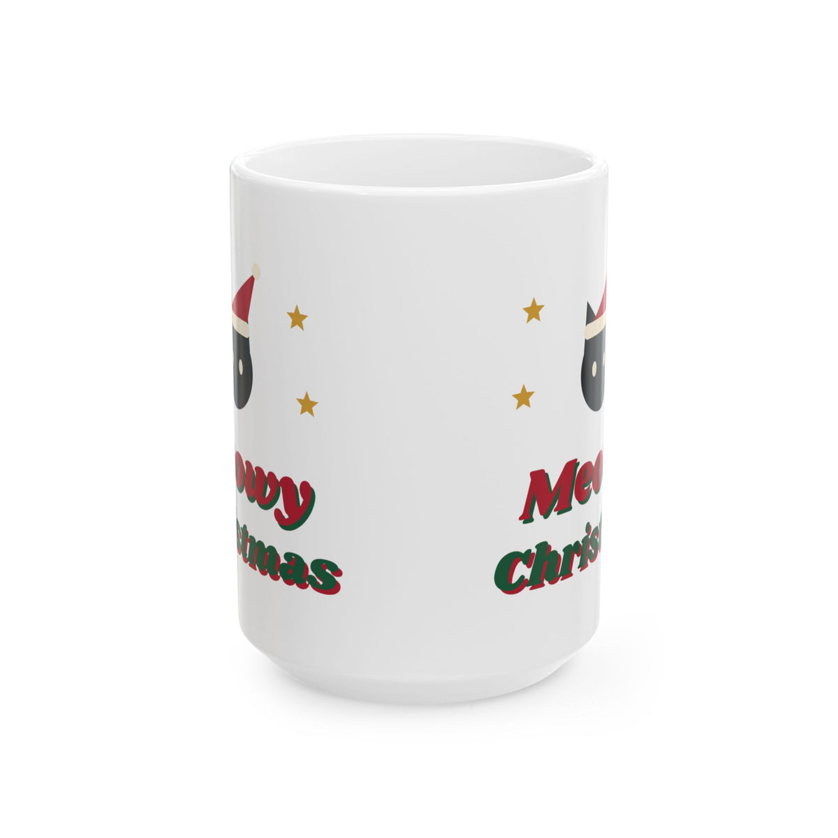 Meowy Christmas Cat Mug, Black Cat Santa Hat Holiday Mug, Cat Mom Xmas Gift, Funny Cat Christmas Mug