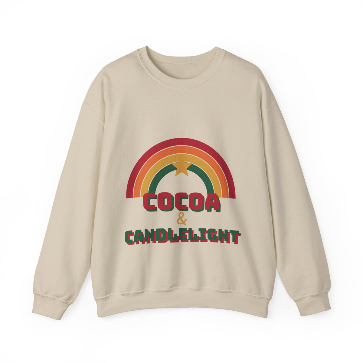 Cocoa and Candlelight retro 70s rainbow christmas sweatshirt design by Blackstar Creative, view 2