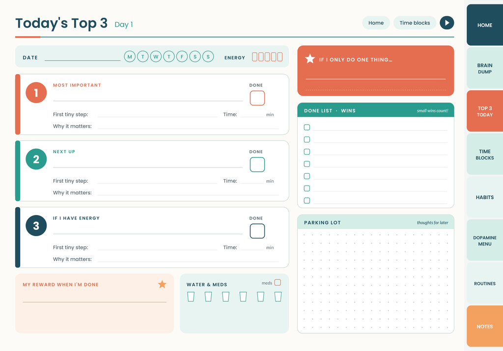 ADHD Digital Planner Top 3 Today page