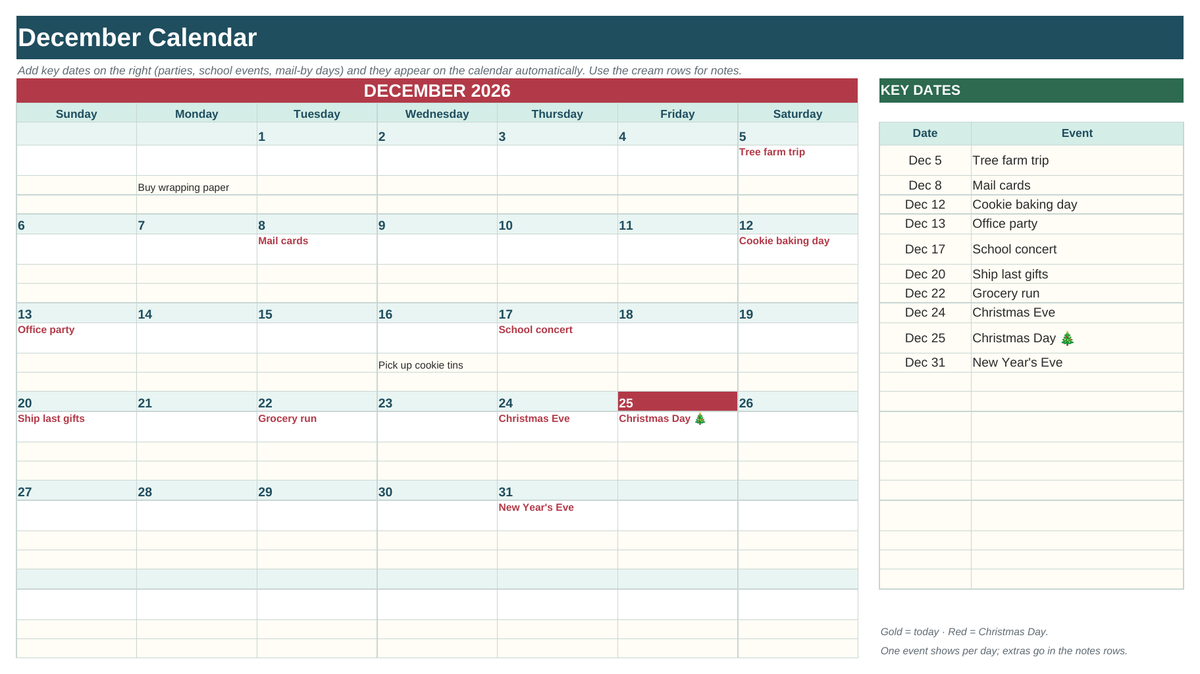 Christmas & Holiday Planner December calendar