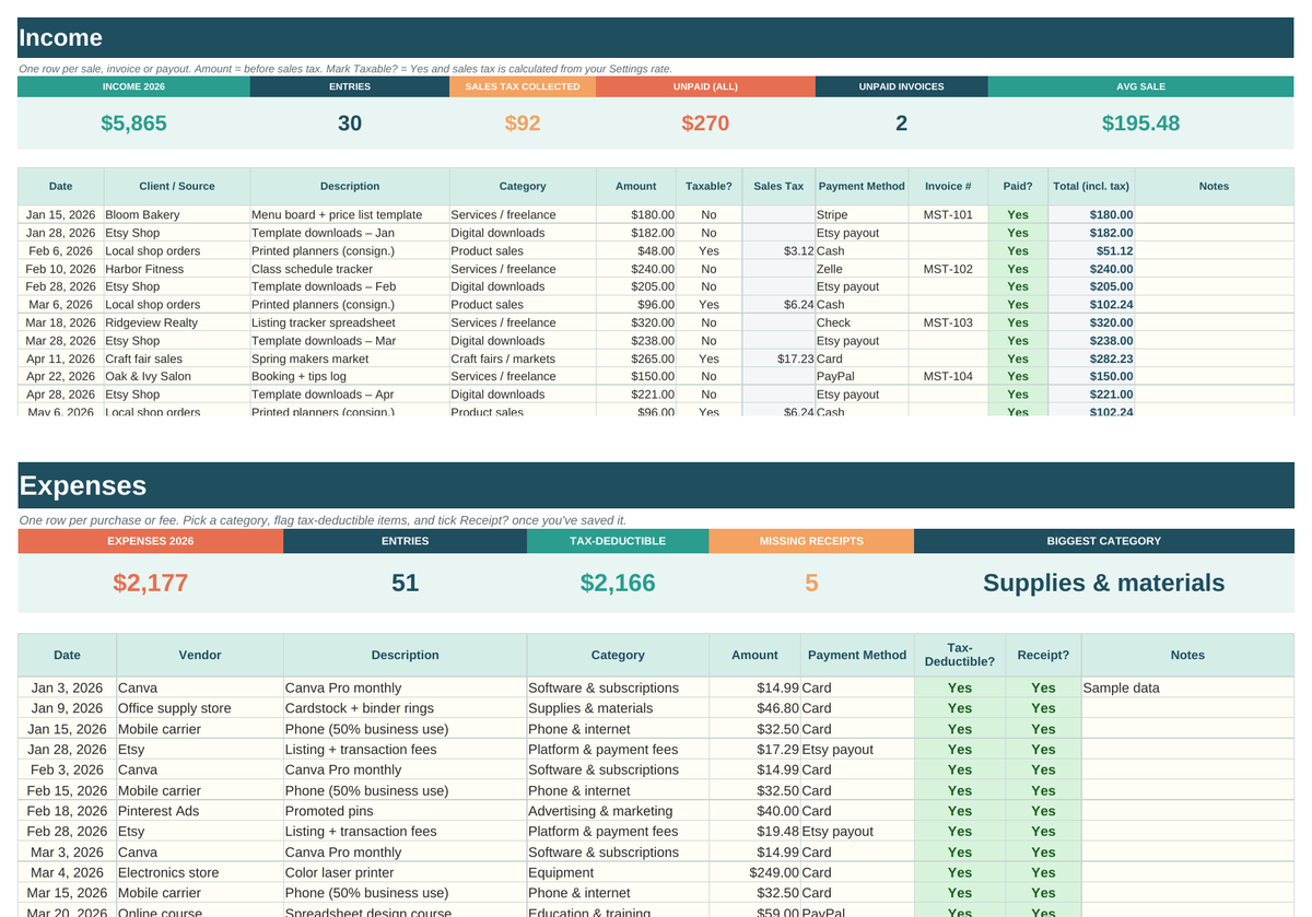 Small Business Bookkeeping income and expenses