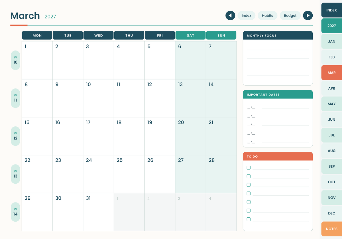 2027 Digital Planner monthly calendar
