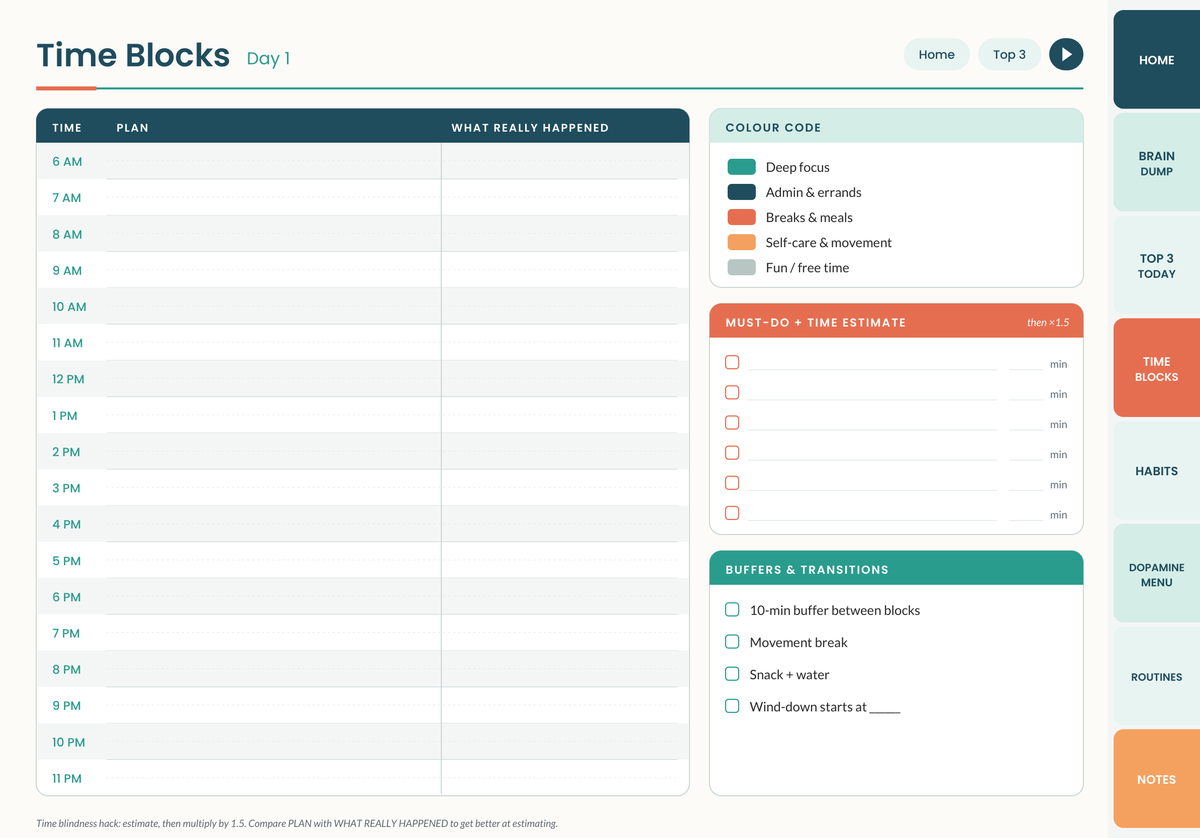 ADHD Digital Planner time blocking page