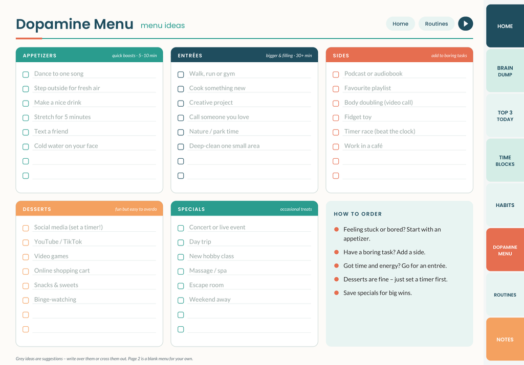 ADHD Digital Planner dopamine menu