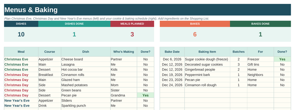 Christmas & Holiday Planner menus and baking