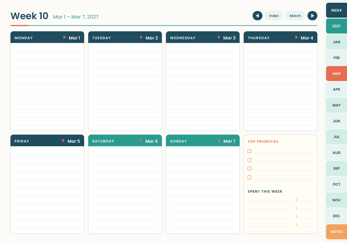 2027 Digital Planner weekly spread
