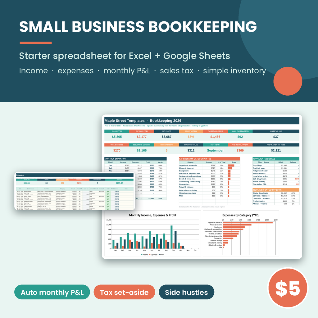 Small business bookkeeping spreadsheet dashboard, included in the bundle