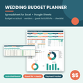 Wedding budget planner spreadsheet dashboard with budget vs actual chart in blush, sage and neutral tones